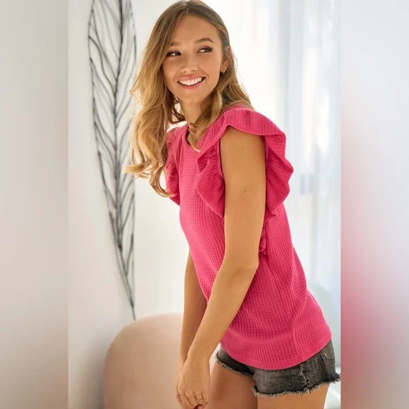 BiBi Pink Ribbed Ruffle Blouse - Picture 3 of 5